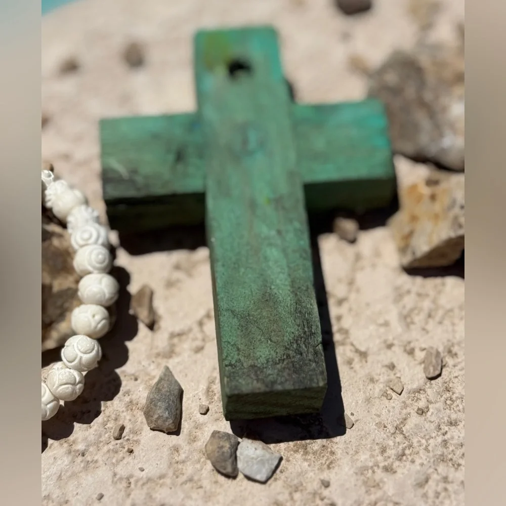 Milagros Silver Metal Charm Spanish Folk Art Painted Wood Cross-Turquoise Blue